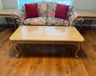 Pair Pickled Oak side tables  ( finish is worn), coffee table and floral love seat