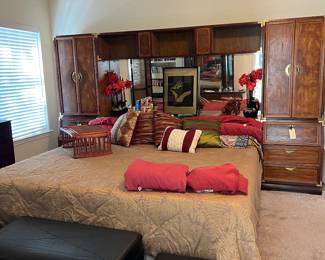 King Sized Tempurpedic Bed with Mirrored Book Case Headboard. 
2 end cabinets sold separately. 