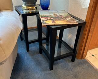 Pair of Black Square Side Tables with Glass Top and Shelf