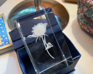 3D Laser Engraved/Etched Glass Cube with Rose Design