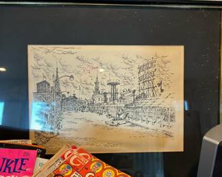 Framed & Matted Pen Drawing of Pike Place Market by Mutcho