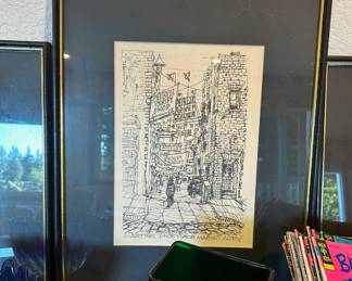 Framed & Matted Pen Drawing of Seattle Pike Place Market Alley by Mutcho