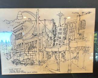 Framed & Matted Pen Drawing of Inner Street of Seattle Pike Place Market by Mutcho