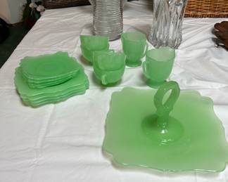 Jadeite Glassware - Appetizer Tray, 4 Teacups & Saucers, 4 Appetizer Plates
