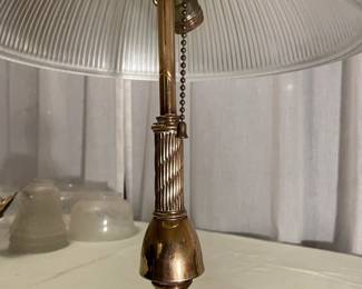 Antique brass bed side or table lamp with heavy glass shade (2 bulbs).  $150