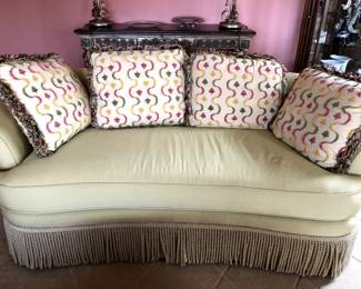 70" custom lime green sofa (fringe borde) with 4 fringe pillows - fringe velveteen design on fabric of pillows) $200