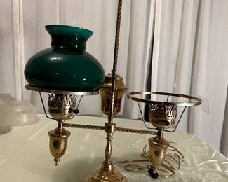 Brass Desk lamp with dark green glass shade $125