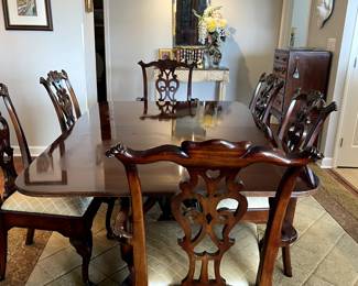 Sutton mahogany reproduction seats 14 (with 5 on sides and 2 on ends (use wood folding chairs with padded seat) 48'W X 72L + two 18"table top extensions. Custom table pads included.  8 chairs      $3,800