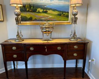 Kindell mahogany side board server with center drawer & shelf storage on left and 2 drawers on right. (chair rail not shown attached) $2,000