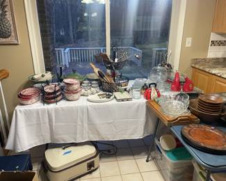 Kitchen wear including roaster, platters, ceramic bowls, wooden bowl set 