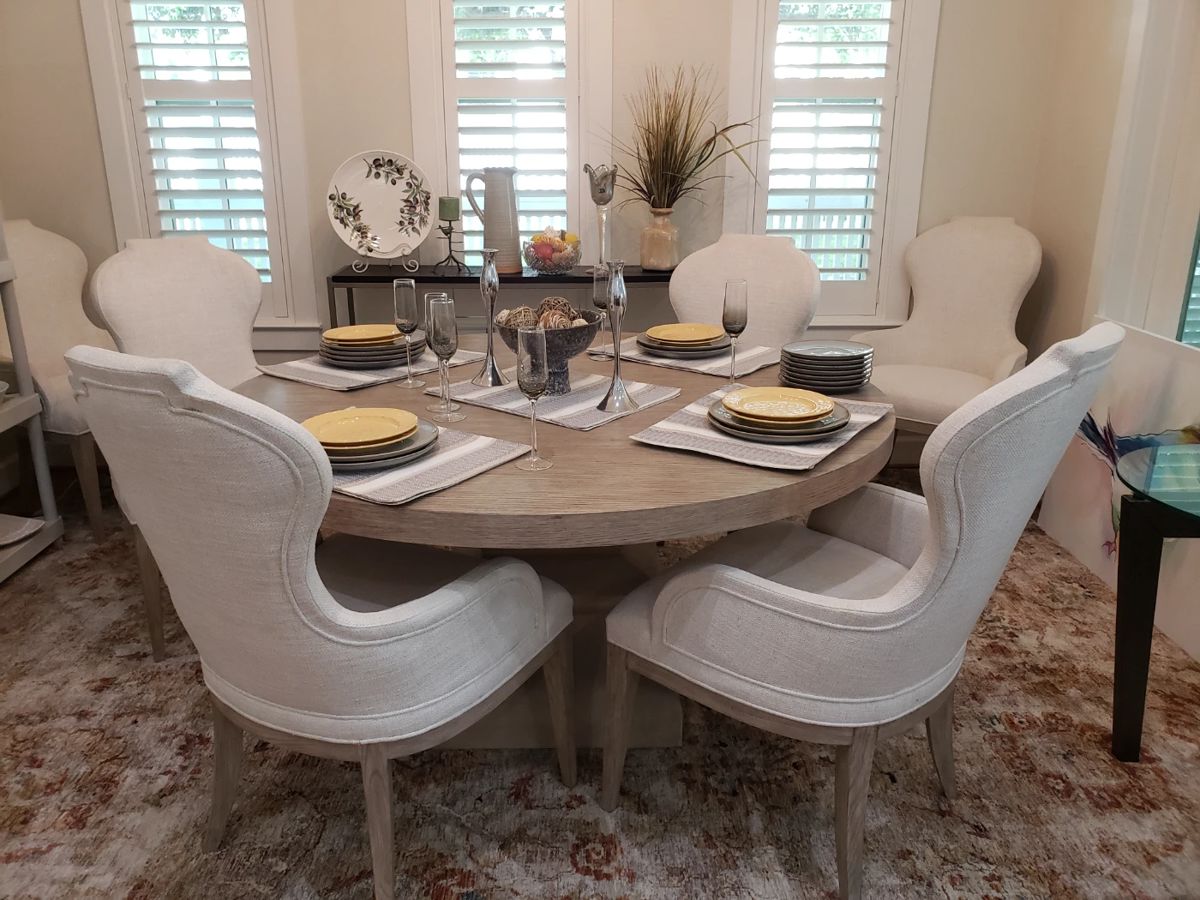 Bernhardt "Santa Barbara Round Dining Table" in Sandstone Finish & "Santa Barbara Upholstered Arm Chairs" Set of 6
