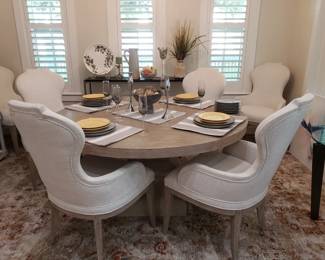Bernhardt "Santa Barbara Round Dining Table" in Sandstone Finish & "Santa Barbara Upholstered Arm Chairs" Set of 6