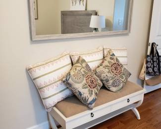 Distressed White Storage Bench, Pillows & Framed Mirror