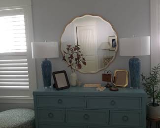 Bassett Dresser, Uttermost Blue Glass Lamps & Round Wall Mirror with Gold Frame