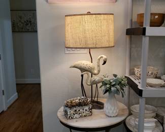 Metal Side Table with Marble Top, Lamp with Carved Shore Bird and Decor