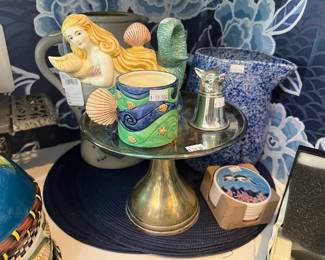 Mermaid clay art teapot and cup, Pottery Barn silver cake stand