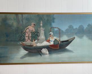 74” x 38” hand painted Victorian ladies and cherub in boat stretched tapestry