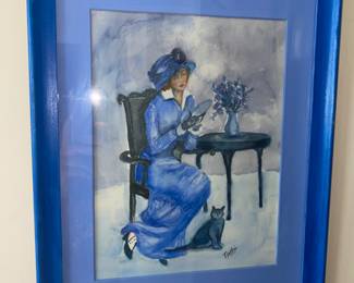  Watercolor lady and cat in shades of blue by Nellie