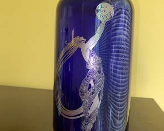 1988  Erie ’ Cobalt Blue Art Deco Vase etched with silver ‘Fireflies’