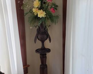 Peacock Metal Urn on Wooden Plant Stand
