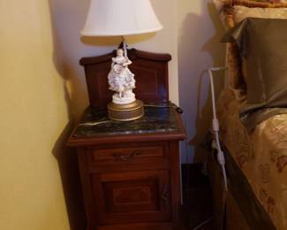 French Marble Top Nightstands with Porcelain Lamps