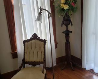 Eastlake Platform Rocker, Floor Lamp & Peacock Metal Urn on a Wooden Plant Stand