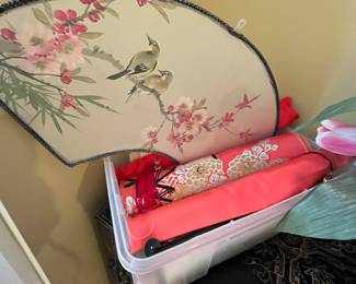 Various Japanese fans, scrolls, artwork, etc.