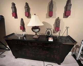 Vintage Asian Chest - Three drawers and two doors.  Asian themed design throughout this lovely piece.  It is big!  You will most definitely need some help getting this piece out of the door.