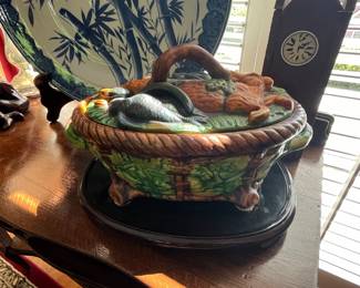 Vintage Majolica Game Pie Dish - Hare, Rabbit, Duck Ceramic with Cover.