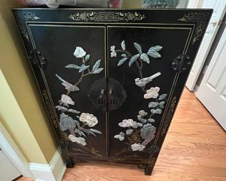 Vintage Japanese black laquer two-door cabinet.