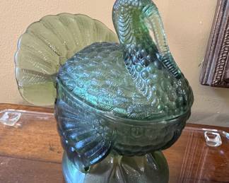 Vintage Le Smith Green pressed glass turkey dish with lid.