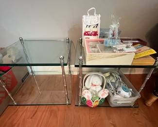 Two 1970's MCM faux bamboo two-tier end tables by highly sought after Baker Furniture Company.  Super heavy and high quality tables.  16" H x 18" W x 18" D  Perfect condition.