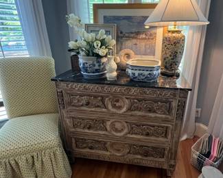 French style Marble topped 3-drawer Chest of Drawers.  Exquisite details.  Show-stopping piece.