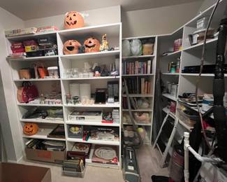 Holiday decorations, crafts, cookbooks, vacuums, and more are in this closet located in the basement level