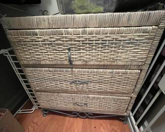 Beautiful white-washed wicker three drawer dresser with wrought iron legs.  One of the pulls as you see in this photo, has come loose but this is a SUPER EASY fix.