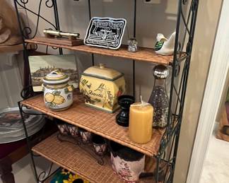 Wicker and metal baker's rack.