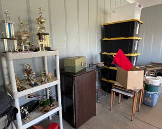 Vintage trophies, nice small fridge, storage containers
