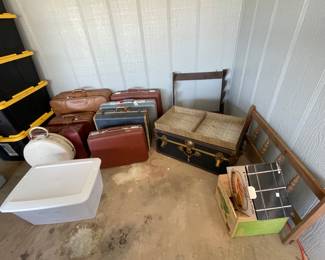Vintage luggage, trunk with key, storage containers, vintage gun rack