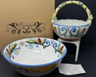 Fitz & Floyd Ricamo Ceramic Basket & Bowl w/Boxes