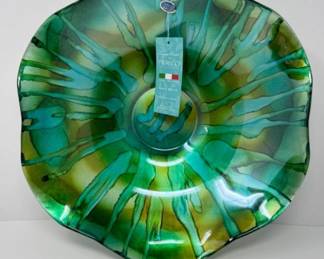 Franco Vetrerie E Cristallerie Unique Green & Gold Art Centerpiece Bowl