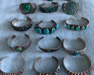 Many South Western Bangles silver, Turquoise and Coral
