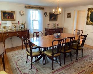 Dining Table has extra leaf.  There are 12 Chairs, George III Servers