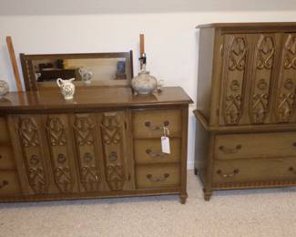 MCM Spanish Colonial Style Dresser, Mirror & Chest
