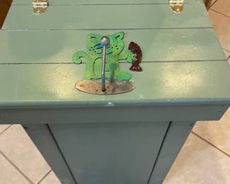 Wooden painted decorated storage for pet food or trashcan