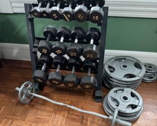 Full set of weights with bench, dumbbells, plates and bar
