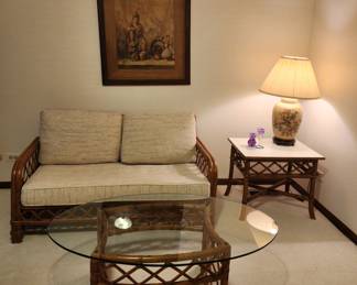 Ficks Reed Bamboo Furniture Couch, Glass Top Table, Side Table