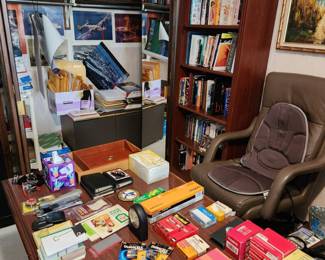 Vintage Aviation Posters, Books, Bookcase, Desks, Chairs, Office Supplies for Everyone!