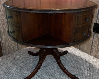 Large Leather Top Drum Table w Drawers