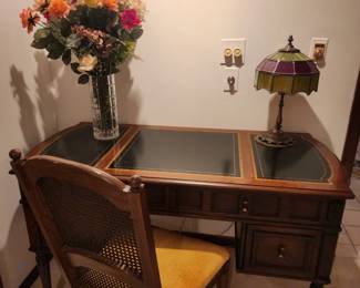 Antique Leather Top Desk, Silk Flowers, Tiffany Style Lamp