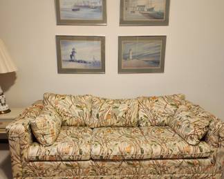 Gorgeous Custom Vintage H Brian Convertable Couch, Framed Lighthouse, Ship, Boat Prints